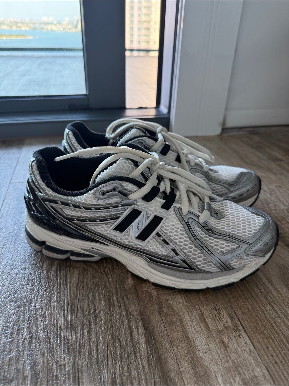 New Balance White, Silver & Black Mesh Athletic Sneakers